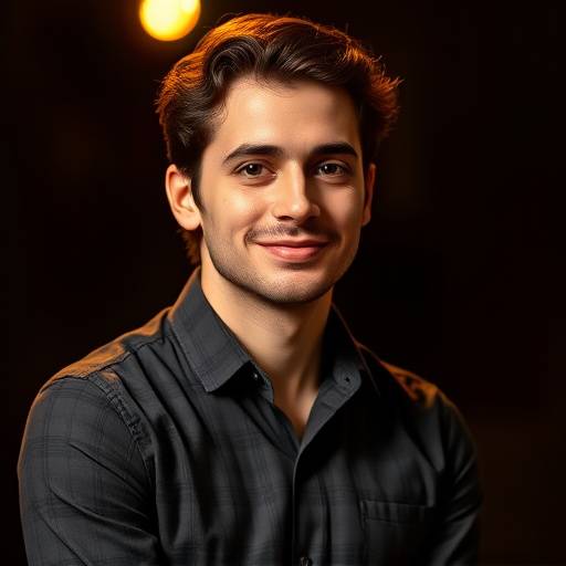 Retrato de Lucas Oliveira, professor de interpretaäão para musicais